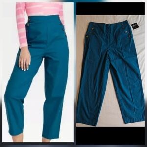 House of Aama Target High Waisted Teal Blue Cotton Pants Side Button Detail